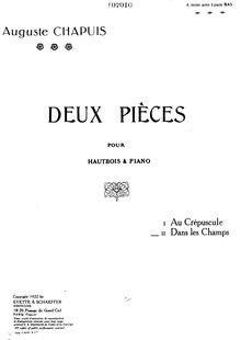 Partition hautbois , partie, Deux Pièces pour Hautbois et Piano par Auguste Chapuis