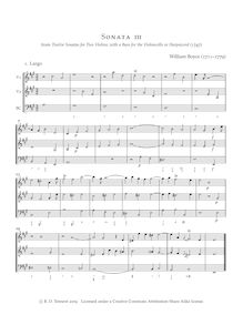 Partition Sonata No.3, 12 sonates pour 2 violons avec a basse pour pour violoncelle ou Harpsicord par William Boyce