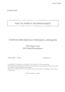 Physique 2003 S.T.I (Génie Civil) Baccalauréat technologique