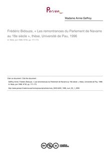 Frédéric Bidouze, « Les remontrances du Parlement de Navarre au 18e siècle », thèse, Université de Pau, 1996  ; n°1 ; vol.55, pg 171-173