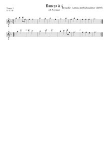 Partition ténor viole de gambe 1, octave aigu clef, Menuet, Aufschnaiter, Benedikt Anton