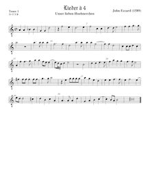 Partition ténor 1 viole de gambe, octave aigu clef, Unser lieben Huehnerchen pour violes de gambe par Johannes Eccard