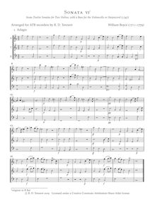 Partition Sonata No.6, 12 sonates pour 2 violons avec a basse pour pour violoncelle ou Harpsicord par William Boyce