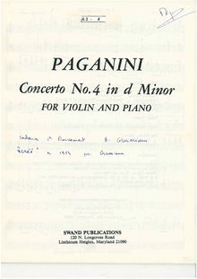 Partition violon et partition de piano, violon Concerto No.4, D minor