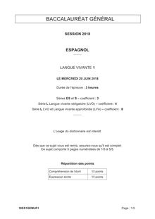 Sujet du BAc Espagnol LV1 2018