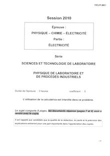 Electricité 2010 S.T.L (Physique de laboratoire et de procédés industriels) Baccalauréat technologique