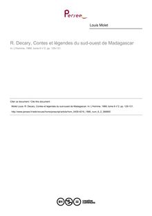 R. Decary, Contes et légendes du sud-ouest de Madagascar  ; n°2 ; vol.6, pg 129-131