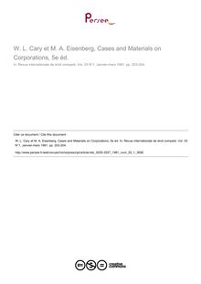 W. L. Cary et M. A. Eisenberg, Cases and Materials on Corporations, 5e éd. - note biblio ; n°1 ; vol.33, pg 203-204