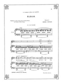 Partition complète (Original key: haut voix), Elégie, F minor par Henri Duparc