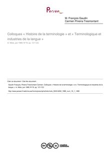 Colloques « Histoire de la terminologie » et « Terminologique et industries de la langue »  ; n°1 ; vol.19, pg 121-123