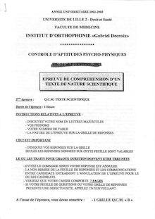 QCM Compréhension d un texte scientifique 2002 Institut d Orthophonie Gabriel Decroix Université Lille 2