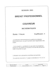 Mathématiques 2003 BP - Couvreur