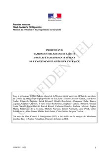 Projet d'avis : Expression religieuse et laïcité dans les établissements publics de l'enseignement supérieur en France (Haut Conseil à l'intégration - Mission de réflexion et de propositions sur la laïcité)