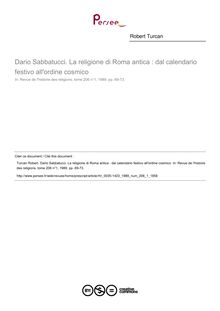 Dario Sabbatucci. La religione di Roma antica : dal calendario festivo all ordine cosmico  ; n°1 ; vol.206, pg 69-73