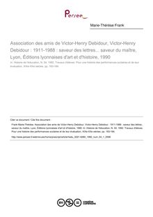 Association des amis de Victor-Henry Debidour, Victor-Henry Debidour : 1911-1988 : saveur des lettres... saveur du maître, Lyon, Éditions lyonnaises d art et d histoire, 1990  ; n°1 ; vol.54, pg 183-184