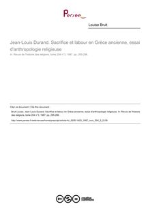 Jean-Louis Durand. Sacrifice et labour en Grèce ancienne, essai d anthropologie religieuse  ; n°3 ; vol.204, pg 295-296