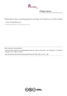 Répertoire des autobiographies écrites en France au XIXe siècle : vies d instituteurs  ; n°1 ; vol.25, pg 83-104