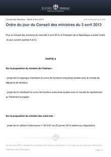 Ordre du jour du Conseil des ministres du 3 avril 2013