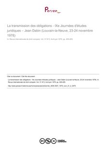 La transmission des obligations - IXe Journées d études juridiques – Jean Dabin (Louvain-la-Neuve, 23-24 novembre 1978) - compte-rendu ; n°2 ; vol.31, pg 400-405