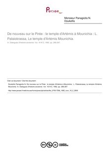 De nouveau sur le Pirée : le temple d Artémis à Mounichia : L. Palaiokrassa, Le temple d Artémis Mounichia.  ; n°2 ; vol.18, pg 266-267