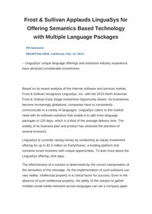 Frost & Sullivan Applauds LinguaSys for Offering Semantics Based Technology with Multiple Language Packages