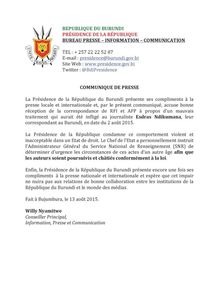 Communiqué de la présidence du Burundi