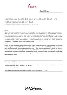 Le mariage de Renée de France avec Hercule d Esté : une inutile mesalliance. 28 juin 1528 - article ; n°2 ; vol.7, pg 147-168