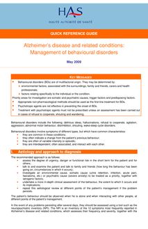 Maladie d Alzheimer et maladies apparentées  prise en charge des troubles du comportement perturbateurs - Alzheimer s disease-Management of behavioural disorders - Quick Reference Guide - Version anglaise