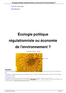 Écologie politique régulationniste ou économie de l environnement ?