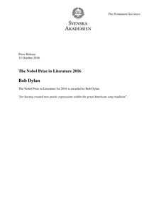 Prix Nobel de littérature 2016 décerné à Bob Dylan - communiqué