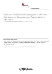 Travail, loisir et observance chez les trappistes au XIXe siècle / Work, Leisure and Observance among Trappists during the XIXth Century. - article ; n°1 ; vol.86, pg 213-233