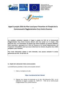 Appel à projets 2016 du PLIE de la Communauté d Agglomération Evry Centre Essonne