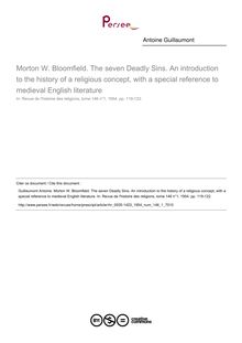 Morton W. Bloomfield. The seven Deadly Sins. An introduction to the history of a religious concept, with a special reference to medieval English literature  ; n°1 ; vol.146, pg 119-122