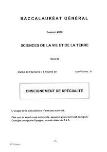 Sciences de la vie et de la terre (SVT) Specialité 2006 Scientifique Baccalauréat général