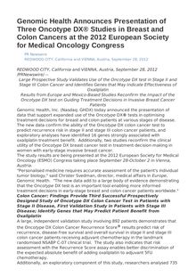 Genomic Health Announces Presentation of Three Oncotype DX® Studies in Breast and Colon Cancers at the 2012 European Society for Medical Oncology Congress