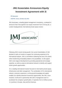 JMJ Associates Announces Equity Investment Agreement with 3i