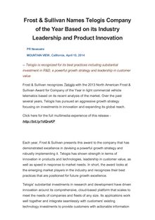 Frost & Sullivan Names Telogis Company of the Year Based on its Industry Leadership and Product Innovation