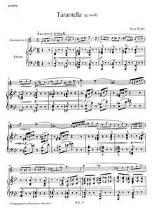 Partition complète, Tarantella pour clarinette et Piano, Reger, Max