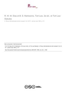 R. W. M. Dias et B. S. Markesinis, Tort Law, 2e éd., et Tort Law Statutes - note biblio ; n°1 ; vol.42, pg 411-411