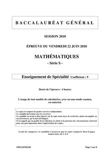 Bac S 2018 - Les sujets de mathématiques (spécialité)