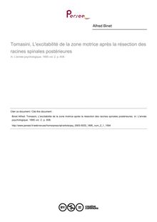 Tomasini, L excitabilité de la zone motrice après la résection des racines spinales postérieures - compte-rendu ; n°1 ; vol.2, pg 608-608