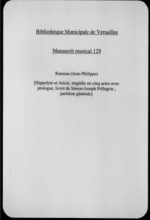 Partition Act I, Hippolyte et Aricie, Tragédie en musique en cinq actes et un prologue par Jean-Philippe Rameau