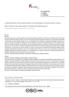 Latéralisation hémisphérique et stratégies d exploration dans des tâches de perception tactilo-kinesthésique - article ; n°1 ; vol.96, pg 131-145