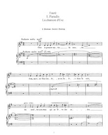 Partition complète, La chanson d’Eve, Op. 95, Fauré, Gabriel