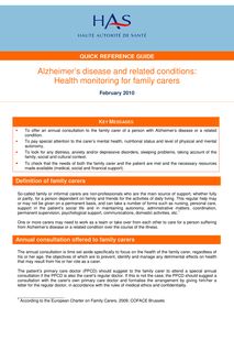 Maladie d Alzheimer et maladies apparentées  suivi médical des aidants naturels - Alzheimer’s disease and related conditions-Health monitoring for family carers-QRG - Version anglaise