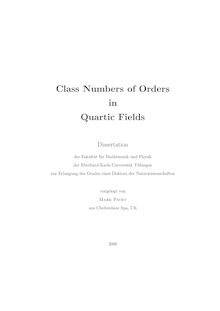 Class numbers of orders in quartic fields [Elektronische Ressource] / vorgelegt von Mark Pavey