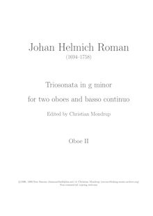 Partition hautbois/violon II, Trio Sonata en G minor, G minor, Roman, Johan Helmich