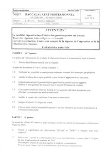 Bacpro metiers alim sciences appliquees 2004