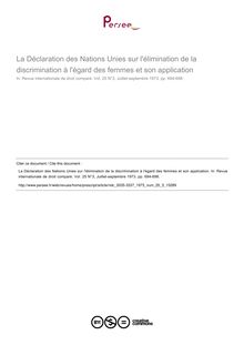 La Déclaration des Nations Unies sur l élimination de la discrimination à l égard des femmes et son application - compte-rendu ; n°3 ; vol.25, pg 694-698
