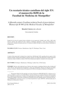 Un recetario técnico castellano del siglo XV: el manuscrito H490 de la Facultad de Medicina de Montpellier